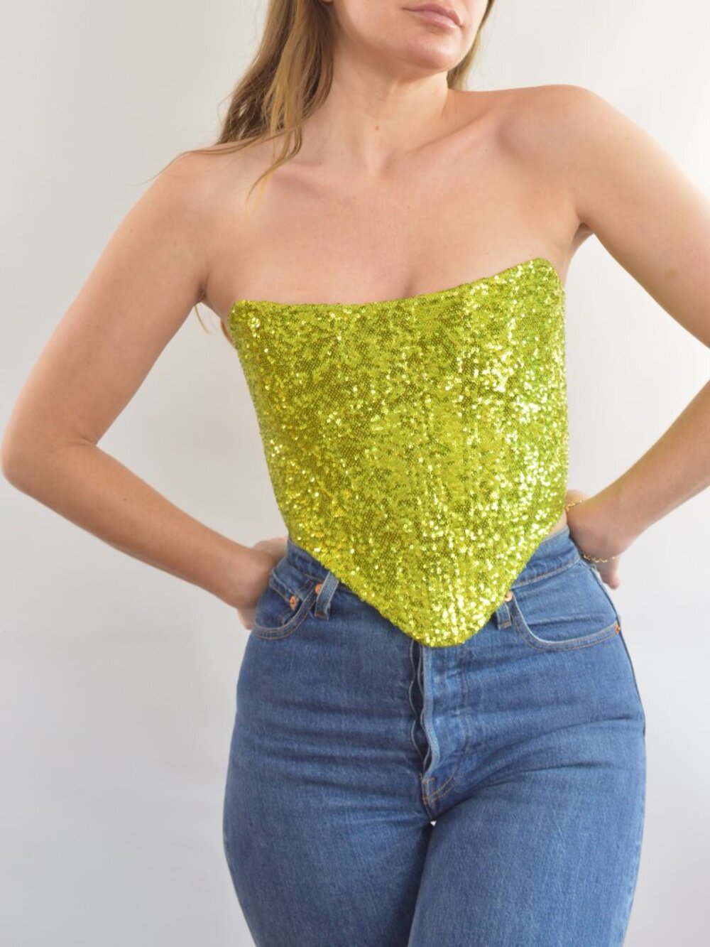 lbv neon lime green sequin corset size small like new